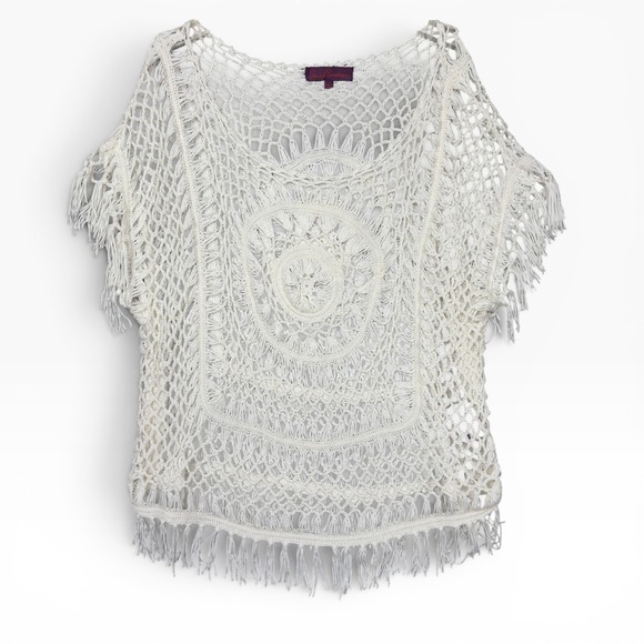 Sweet Sinammon Tops - Crochet Macrame Poncho Top Cover Up Large Cream Fringe Boho Hippie Open Knit‎